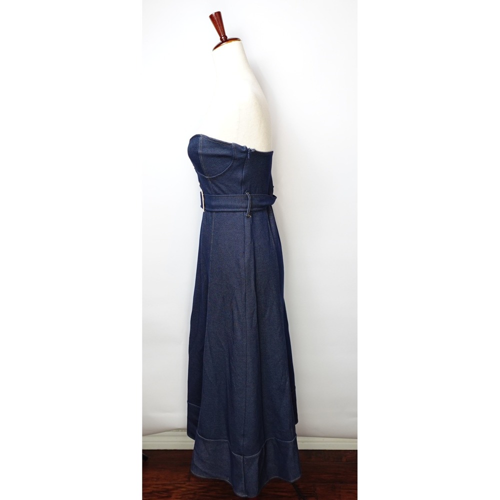 Zara Strapless Denim Midi Dress Dark Wash Belted Corset Bodice Indigo Blue - Picture 4 of 6